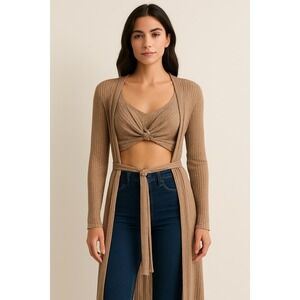 JLUXLABEL Ribbed Knit 3 Piece Crop Top‎ Duster Cardigan Set - Women's Small